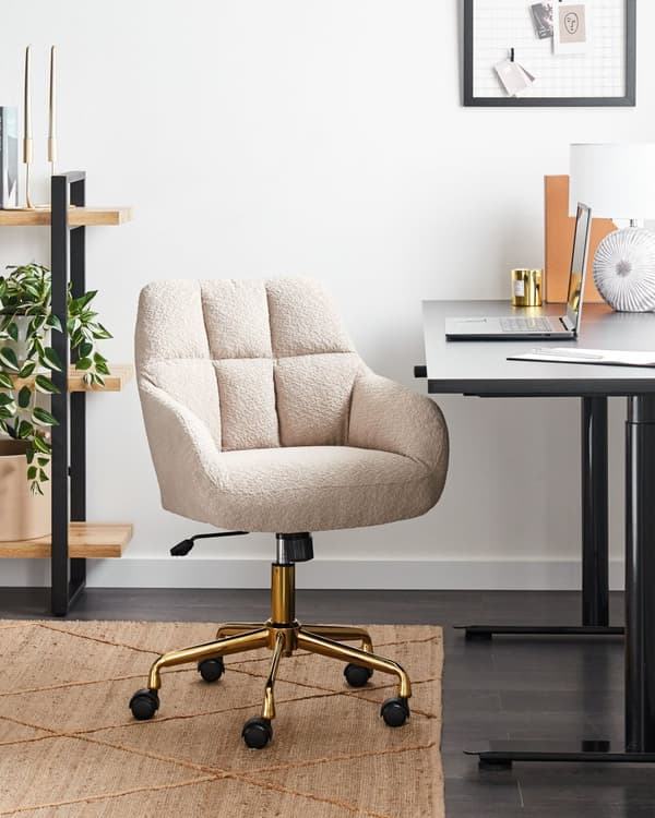 Kontorstol Beige Teddystoff Polyester Svart metallramme Svingbar Justerbar Moderne stil Kontormøbler