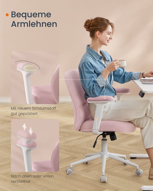 Kontorstol med justerbare armlæn pastelrosa