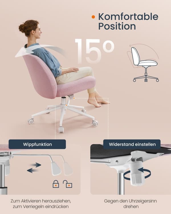 Kontorstol med bred sæde og pastelrosa chassis