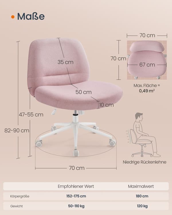 Kontorstol med bred sæde og pastelrosa chassis