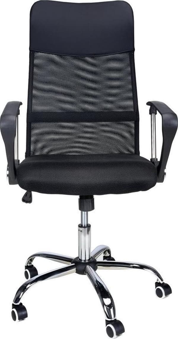 Ergonominen musta kangas toimistotuoli tuuletettavalla selkänojalla ja kromipohjalla