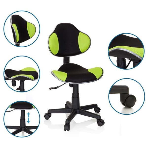 Kontorsstol för barn - HJH OFFICE - KIDDY GTI-2 - Svart/grönt tyg - Ergonomisk och design