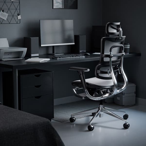 Ergonomisk kontorsstol - Diablo - V-Master - 3D-armstöd - Svankstöd - Svart-Vit V-Mesh-tyg