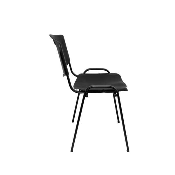 Paket med 4 konfidentiella, ergonomiska, stapelbara multifunktionsstolar med svart struktur. sits och rygg i svart PVC.