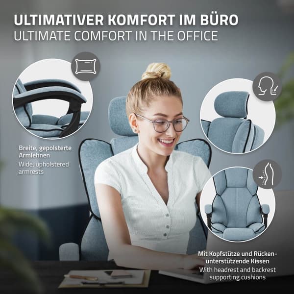Kontorsstol höj- och sänkbar blå med höj- och sänkbart ryggstöd, fotstöd och nackstöd upp till 120 kg ML design