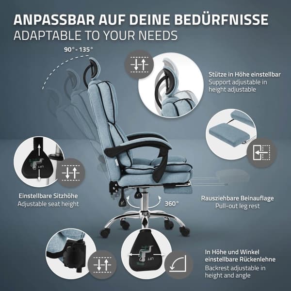 Kontorsstol höj- och sänkbar blå med höj- och sänkbart ryggstöd, fotstöd och nackstöd upp till 120 kg ML design