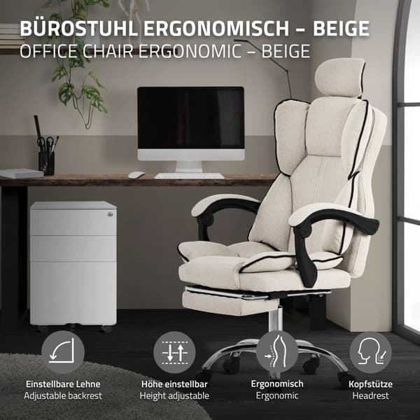 Chefsstol Kontorsstol höj- och sänkbar Beige med höj- och sänkbart ryggstöd, fotstöd och nackstöd upp till 120 kg ML design