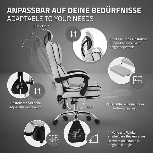 Kontorsstol ljusgrå med höj- och sänkbart ryggstöd, fotstöd och nackstöd upp till 120 kg ML design