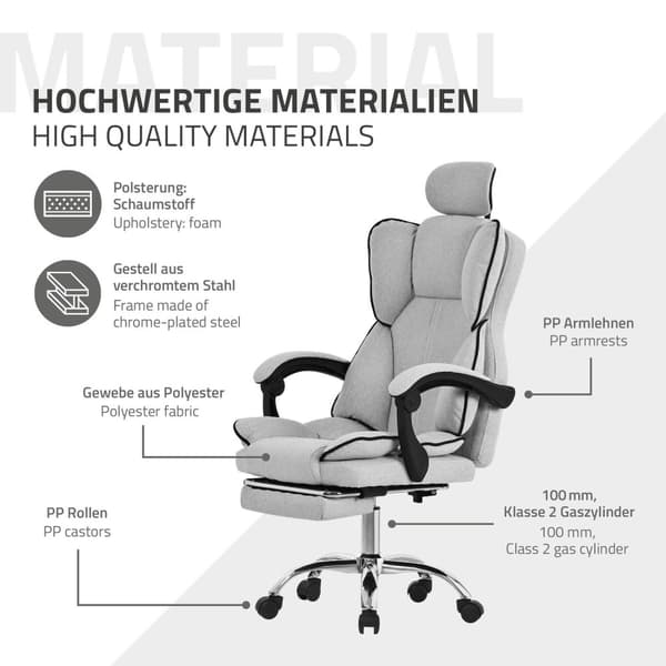 Kontorsstol ljusgrå med höj- och sänkbart ryggstöd, fotstöd och nackstöd upp till 120 kg ML design