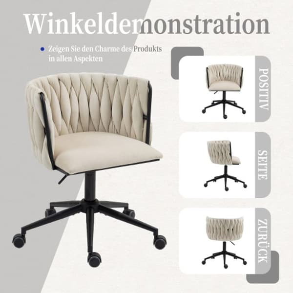 Kontorsstol med sammetslen känsla, 360° vridbar, höjdjustering med en knapptryckning, design med ihåligt kors, beige