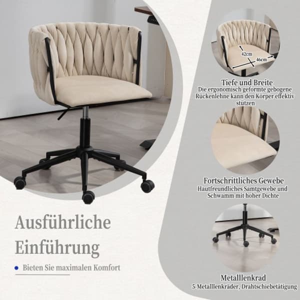 Kontorsstol med sammetslen känsla, 360° vridbar, höjdjustering med en knapptryckning, design med ihåligt kors, beige