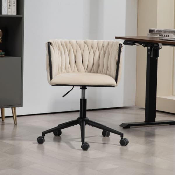 Kontorsstol med sammetslen känsla, 360° vridbar, höjdjustering med en knapptryckning, design med ihåligt kors, beige