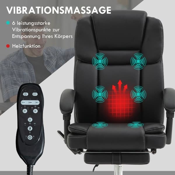 Rootz Justerbar kontorstol - Massagestol - Ergonomisk stol - Varme & massagefunktion - Faux læder - 66 cm x 67 cm x 118-126 cm, sort