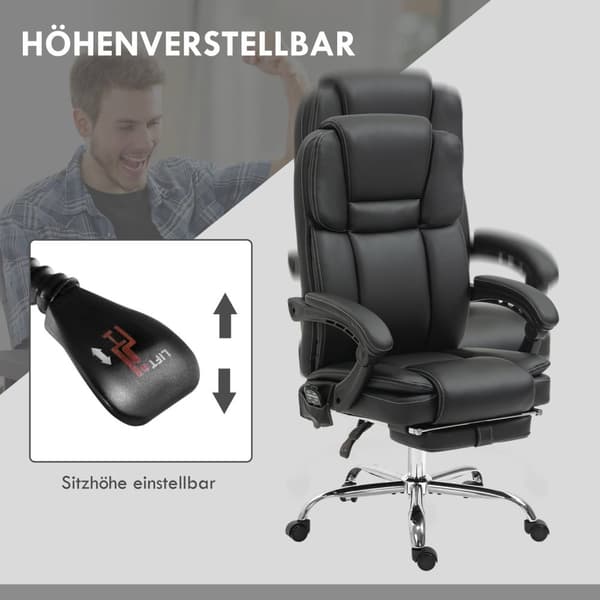 Rootz Justerbar kontorstol - Massagestol - Ergonomisk stol - Varme & massagefunktion - Faux læder - 66 cm x 67 cm x 118-126 cm, sort