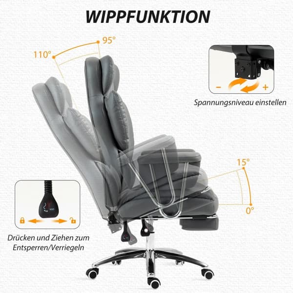 Rootz ergonomisk kontorstol - drejelig stol - justerbar computerstol - med fodstøtte og tilt - 74 cm x 65 cm x 120-128 cm