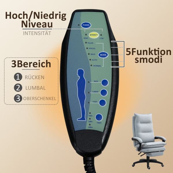 Rootz Massage Office Chair - Desk Chair - Ergonomic Swivel - Comfort & Support - 70cm x 62 cm x 120-130 cm, grå