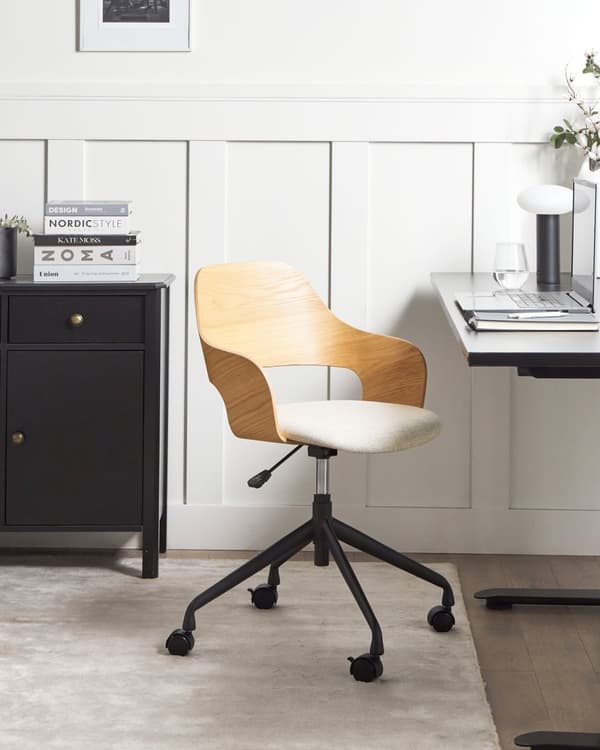 Kontorstol Lyst træ Lys beige Polyester Stol Justerbar højde Drejelige Metalben med hjul Kontorbordsstol