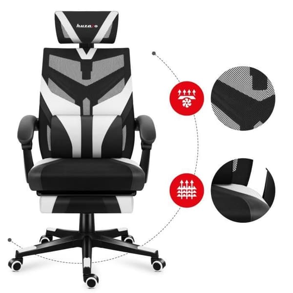 HUZARO COMBAT 5.0 spelstol Vit, Justerbar höjd, Kontorsstol, Svankstöd, Fotstöd, Nackstöd, Gaming PC