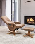 Miniatyrbilde 4 av 11: Hvilestol Lys Brun med Fotstøtte Kunstskinn Polstret Treramme Svingbar Justerbar Oppvarming Massasjefunksjon Retro Design