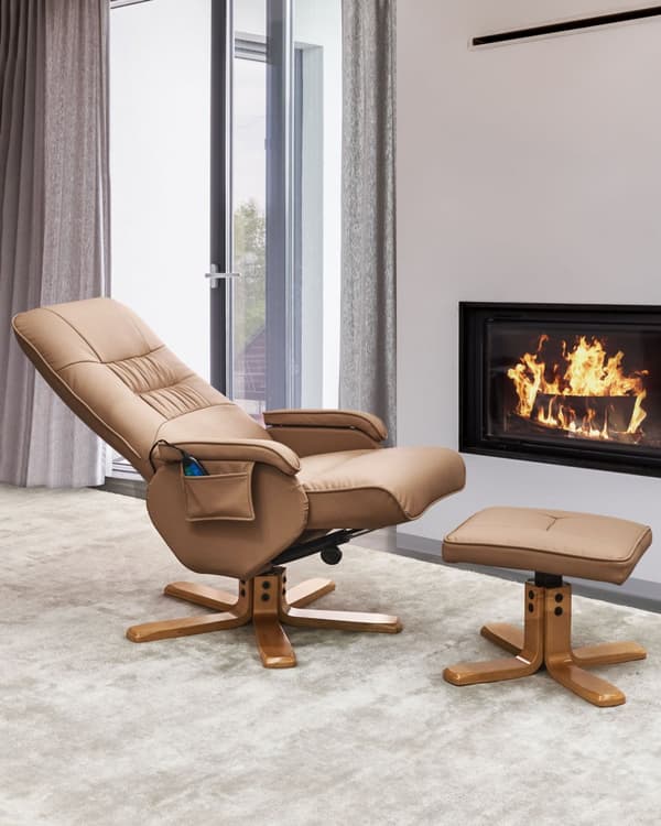 Hvilestol Lys Brun med Fotstøtte Kunstskinn Polstret Treramme Svingbar Justerbar Oppvarming Massasjefunksjon Retro Design