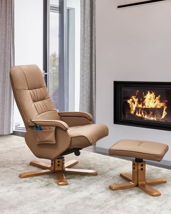 Hvilestol Lys Brun med Fotstøtte Kunstskinn Polstret Treramme Svingbar Justerbar Oppvarming Massasjefunksjon Retro Design