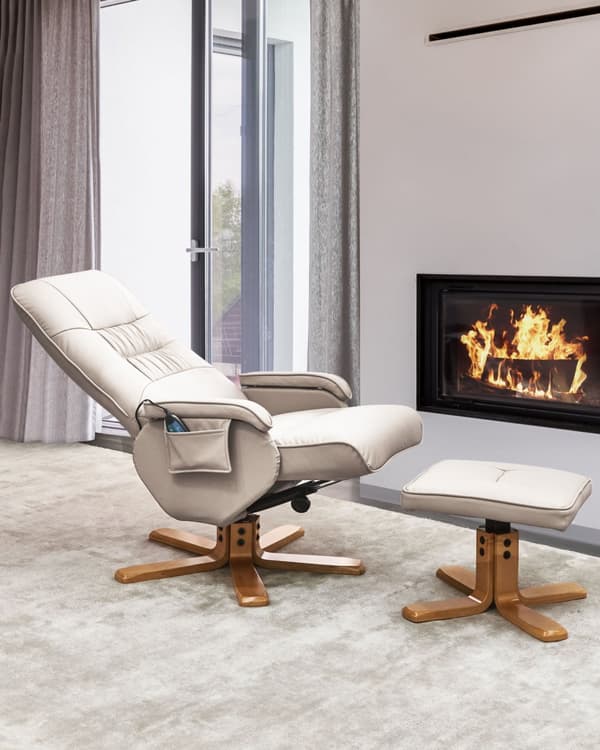 Hvilestol Lys Beige med Fotstøtte Kunstskinn Polstret Treramme Svingbar Justerbar Oppvarming Massasjefunksjon Retro Design