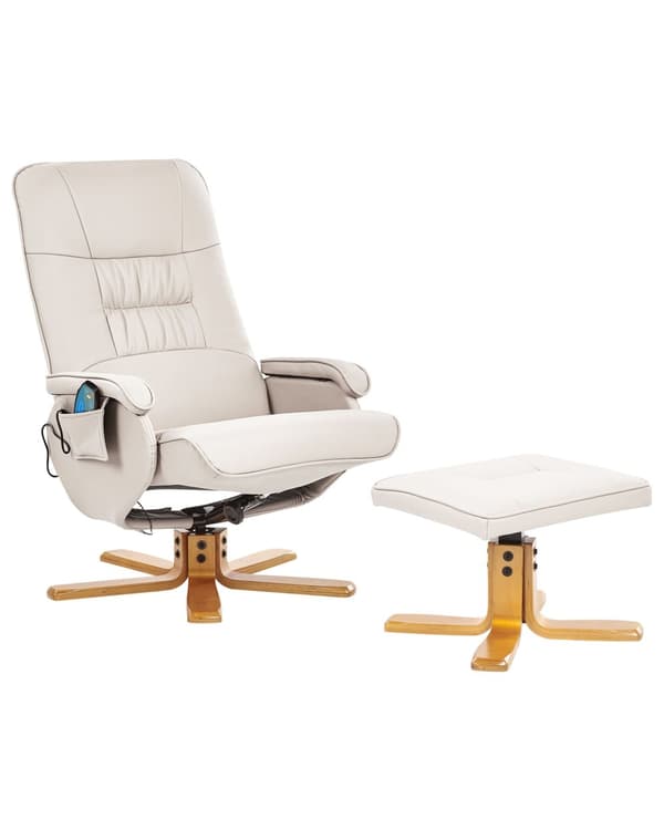 Hvilestol Lys Beige med Fotstøtte Kunstskinn Polstret Treramme Svingbar Justerbar Oppvarming Massasjefunksjon Retro Design