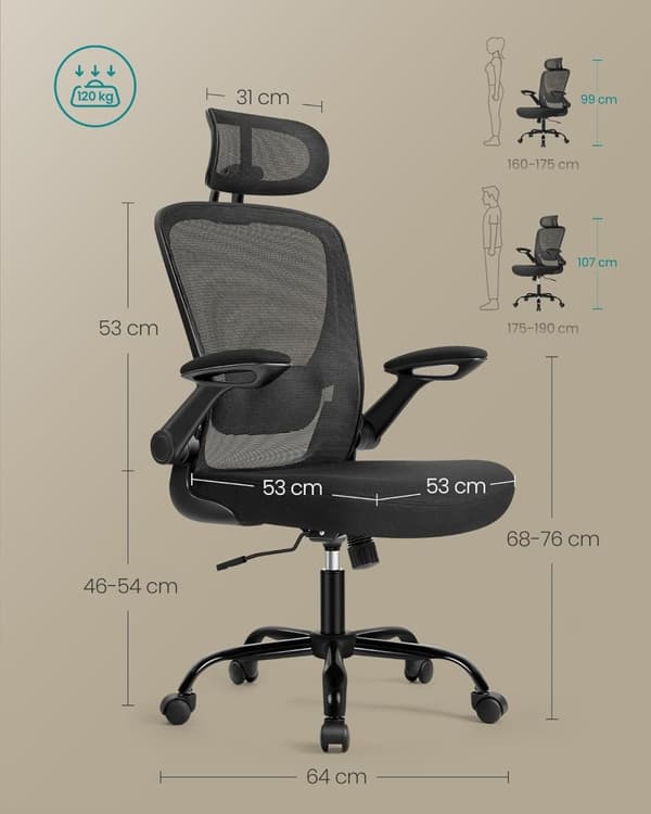 Kontorsstol Ergonomisk Skrivbordsstol Snurrstol med Mesh Vadderat Svankstöd – Bläcksvart