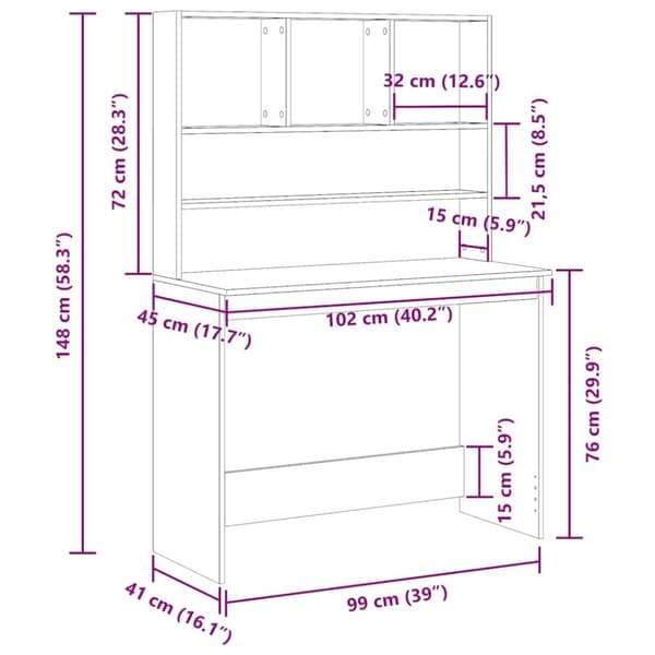 vidaXL Skrivebord med hyller svart eik 102x45x148 cm konstruert tre