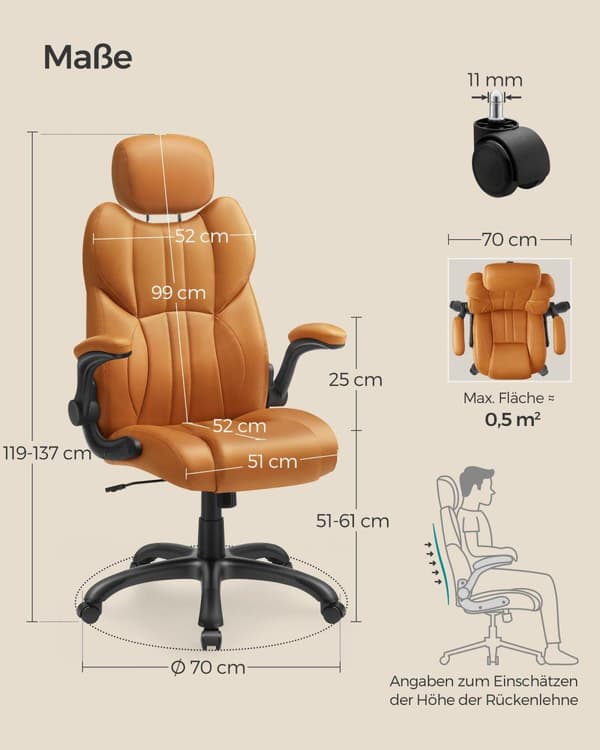 Toimistotuoli, SONGMICS OBG65BK, 70x70 cm, Karamellinruskea