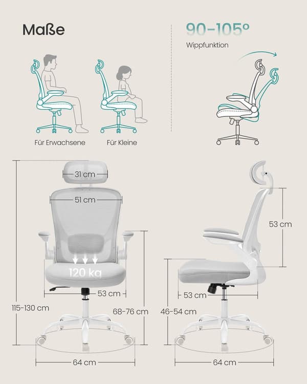 Ergonomisk kontorstol - Mesh -ryglæn - med nakkestøtte - Grå