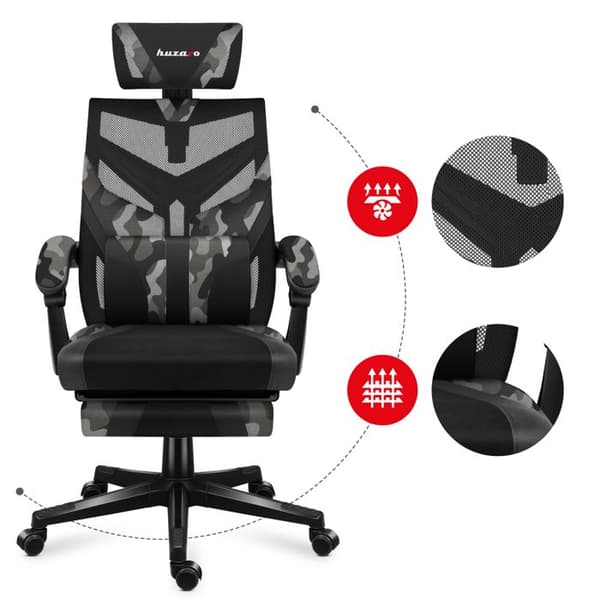 HUZARO COMBAT 5.0 Camo spelstol, Justerbar höjd, Kontorsstol, Svankstöd, Fotstöd, Nackstöd, Gaming PC
