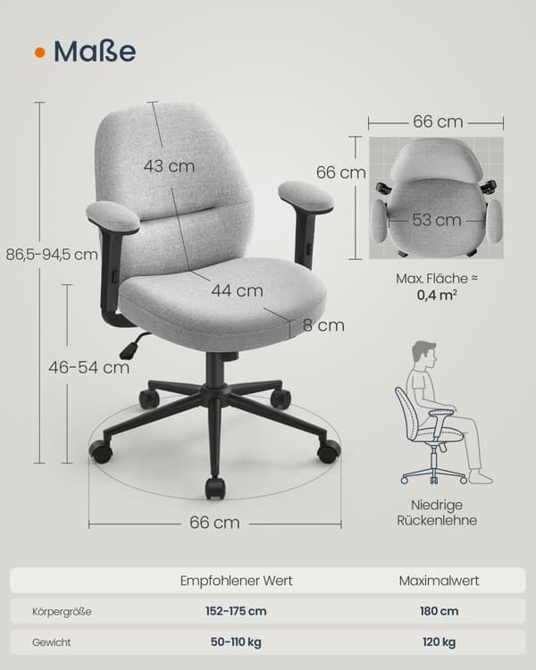 Drejestol, SONGMICS HOME, 66 x 66 x (86,5-94,5) cm, duegrå.