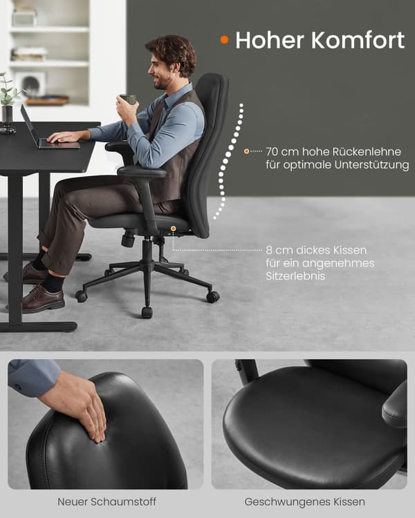 Kontorstol, SONGMICS HOME, 70x70x(114-122) cm, Blæksort.