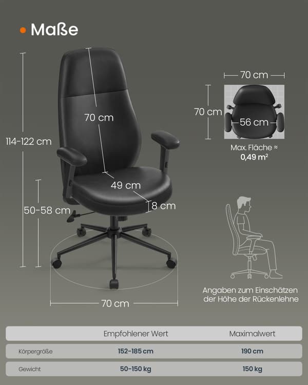 Kontorstol, SONGMICS HOME, 70x70x(114-122) cm, Blæksort.