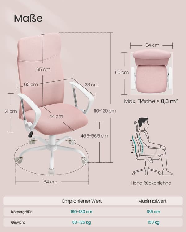 Kontorstol, SONGMICS, 64 x 64 x 110-120 cm, Pastelrosa