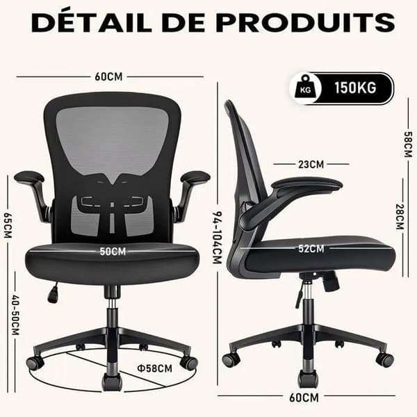 Durrafy ergonomisk kontorsstol med justerbara armstöd och ryggstöd. Perfekt för hemmet och kontoret. 150 kg
