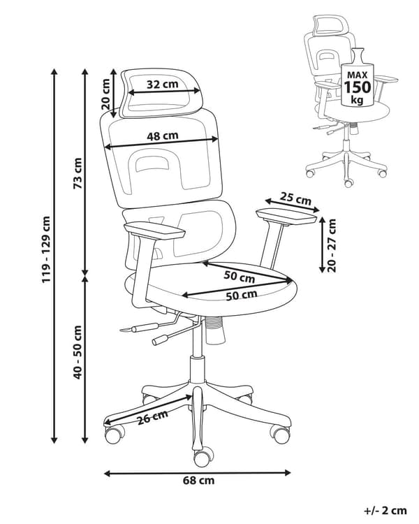 Kontorstol Mørkerød Mesh 150 kg Ergonomisk Stol til Kontor med Nakkestøtte Computerstol med Armlæn Hjemmekontorstol med Vippefunktion