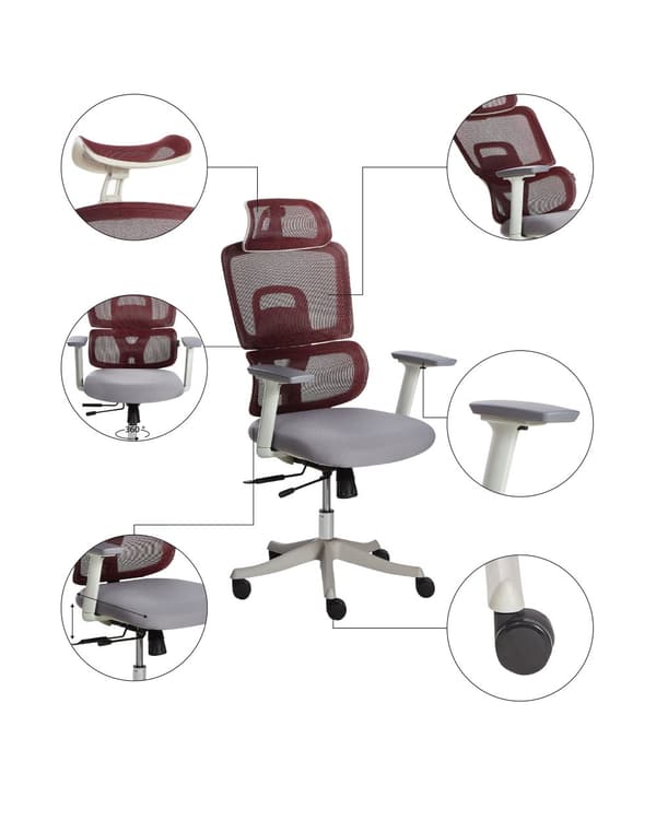 Kontorstol Mørkerød Mesh 150 kg Ergonomisk Stol til Kontor med Nakkestøtte Computerstol med Armlæn Hjemmekontorstol med Vippefunktion