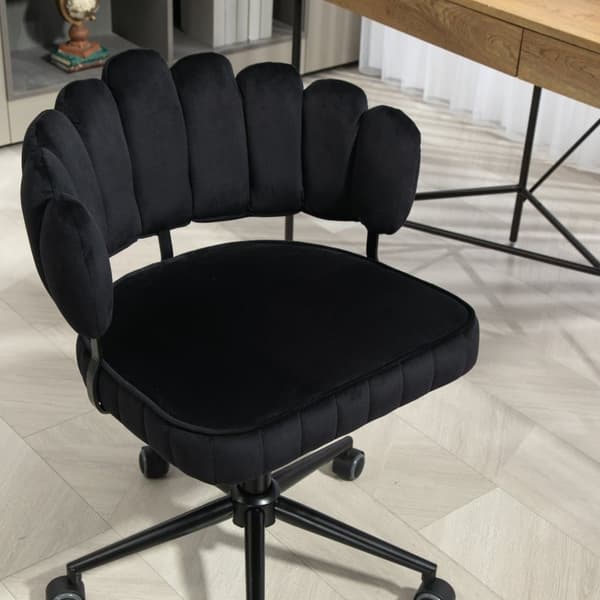 Samtklädd kontorsstol med mjuk sits, 360° roterbar, justerbar höjd med en knapp, handflätad ryggstöd med hollow-back design, svart