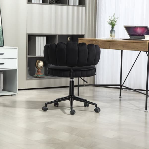 Samtklädd kontorsstol med mjuk sits, 360° roterbar, justerbar höjd med en knapp, handflätad ryggstöd med hollow-back design, svart