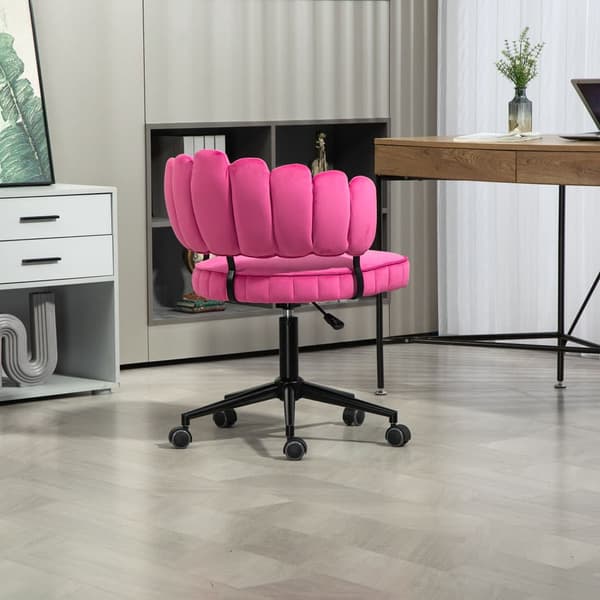 Samtklädd kontorsstol med mjuk sits, 360° roterbar, justerbar höjd med en knapp, handflätad ryggstöd med hollow-back design, rosa