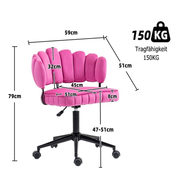Samtklädd kontorsstol med mjuk sits, 360° roterbar, justerbar höjd med en knapp, handflätad ryggstöd med hollow-back design, rosa