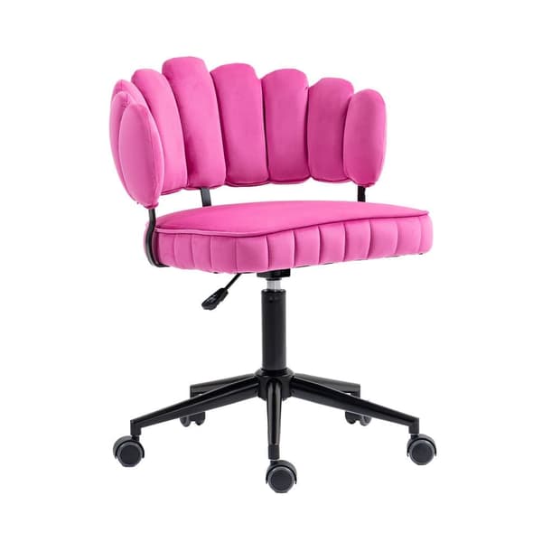 Samtklädd kontorsstol med mjuk sits, 360° roterbar, justerbar höjd med en knapp, handflätad ryggstöd med hollow-back design, rosa