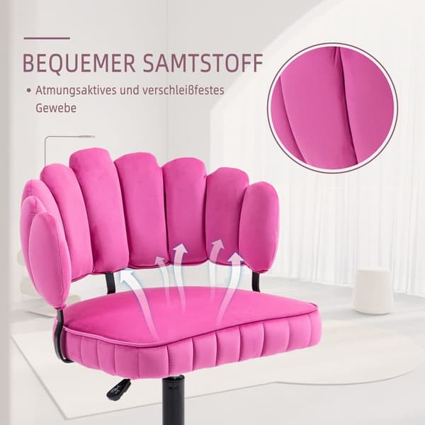Samtklädd kontorsstol med mjuk sits, 360° roterbar, justerbar höjd med en knapp, handflätad ryggstöd med hollow-back design, rosa