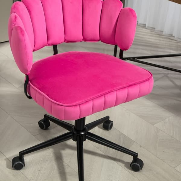 Samtklädd kontorsstol med mjuk sits, 360° roterbar, justerbar höjd med en knapp, handflätad ryggstöd med hollow-back design, rosa