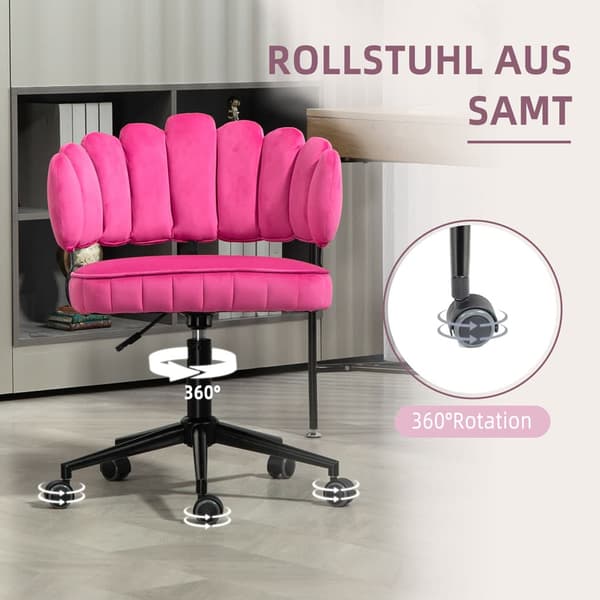 Samtklädd kontorsstol med mjuk sits, 360° roterbar, justerbar höjd med en knapp, handflätad ryggstöd med hollow-back design, rosa
