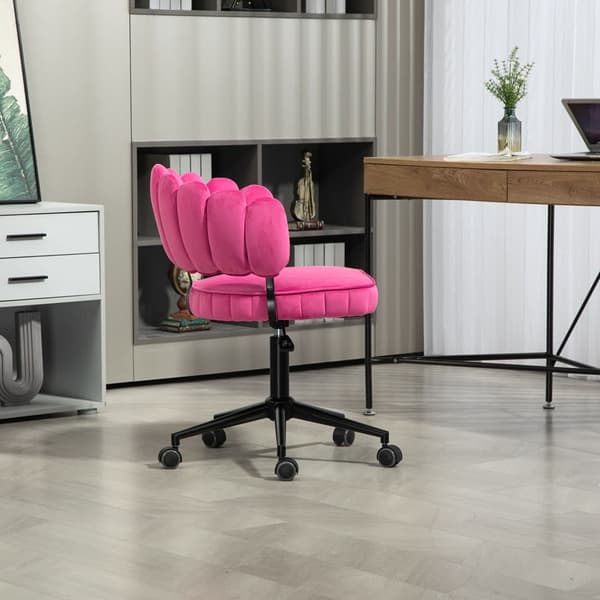 Samtklädd kontorsstol med mjuk sits, 360° roterbar, justerbar höjd med en knapp, handflätad ryggstöd med hollow-back design, rosa