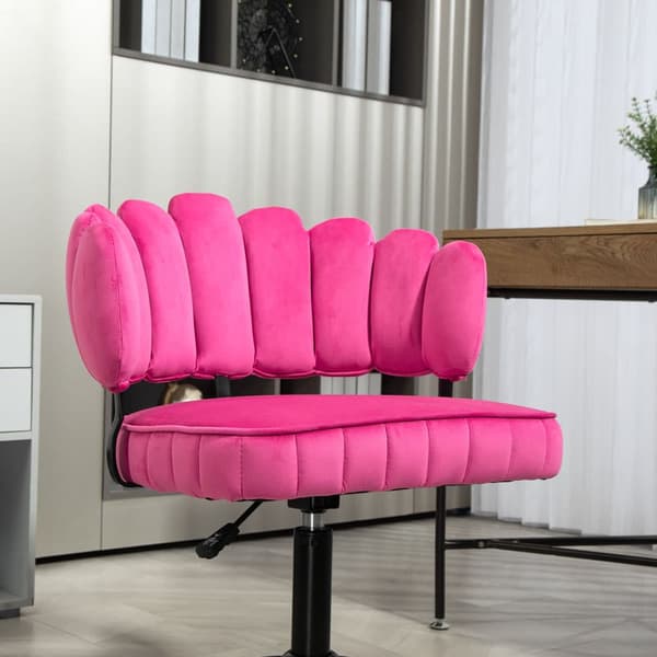 Samtklädd kontorsstol med mjuk sits, 360° roterbar, justerbar höjd med en knapp, handflätad ryggstöd med hollow-back design, rosa