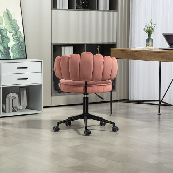 Samtklädd kontorsstol med mjuk sits, 360° roterbar, justerbar höjd med en knapp, handflätad ryggstöd med hollow-back design, rosa